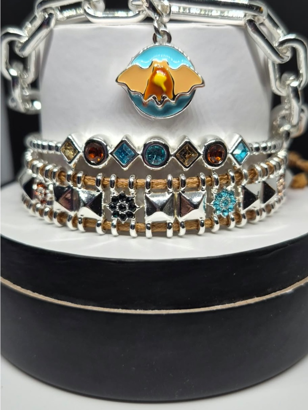 Silver Multi-Row Beaded Bracelet with Blue and Amber Accents
